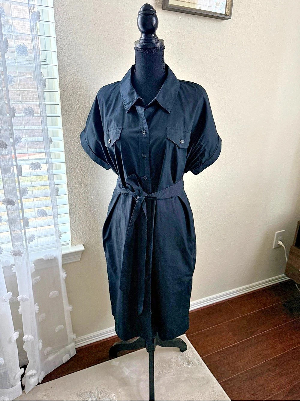 Talbots Belted Midi Shirt Dress Black size 16